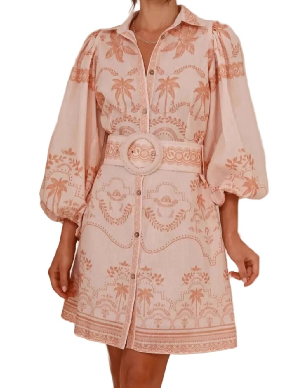 Palm Beach Belted Waist Button Down Baloon Long Sleeve Boho Mini Shirt Dress - Picture 9 of 10